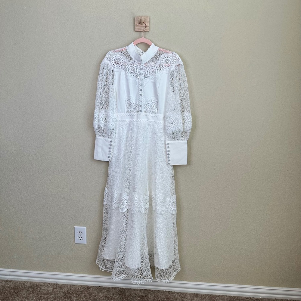 Sunfere White Lace Maxi Dress High Neck Balloon Sleeve Crochet Tiered Gown M
